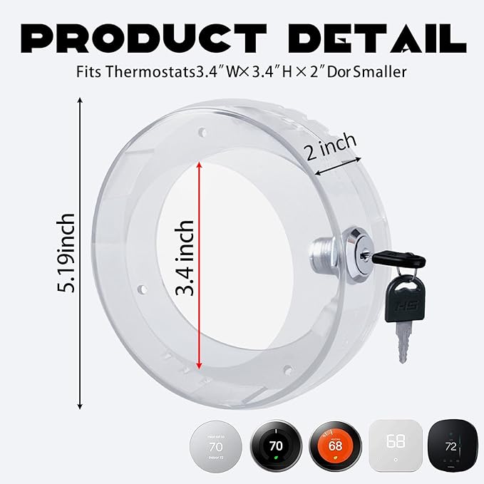 2 PC Round Baby Safety Thermostat Lock Case with Key,Thermostat Cover Universal Lock Case Clear Wall Guard Fits Round Nest Thermostat(3.5x3.5x1.9 in) or Smaller