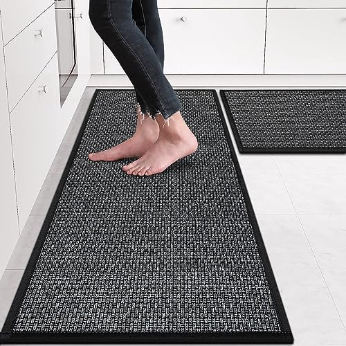 eqivei Kitchen Rugs Non Skid Washable Set of 2 PCS, Absorbent Runner Rugs for Kitchen, Farmhouse Weave Floor Mats in Front of Sink, 17.3"x 47"+17.3"x 29" (Inky) by Eqivei