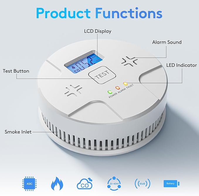5 Packs,Smoke Detector Carbon Monoxide Detector Combo,2-in-1 Detection,85 dB Alarm,LED Indication,LCD Digital Displays,Battery Operated,(Includes 3 x 1.5V AA Batteries),Easy to Install,Portable Use