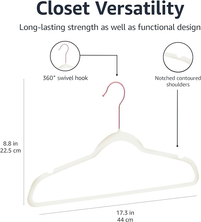 Amazon Basics Slim, Velvet, Non-Slip Suit Clothes Hangers, Ivory/Rose Gold - Pack of 30