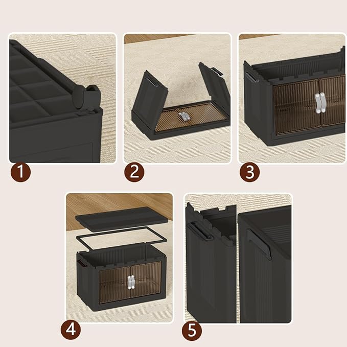 Stackable Storage Bins Wheel, Large Collapsible Closet Organizer with Lid, Foldable Storage Cabinet with Door, Plastic Folding Storage Boxes for Home, Pantry, Office (L, Gray 4-Tier)