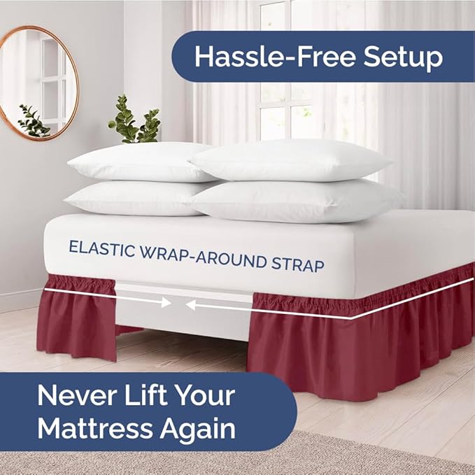 Wrap Around Dust Ruffle Bed Skirt - Burgundy - Twin/Twin XL Size Beds with 12 Inch Drop - Easy Fit Elastic - Adjustable Pleated Bedskirt w/Brushed Fabric Wrinkle Free - Women, Men, Kids & Teens