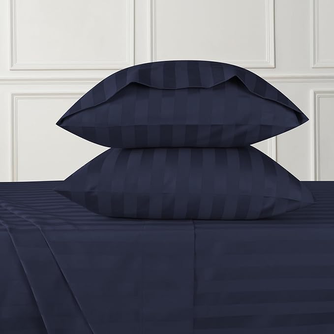 URBANHUT 800 Thread Count 100% Cotton Damask Full Size Sheets, 4 Piece Striped Full Size Bedsheets, Luxury Hotel Sheets Sateen Weave - Better Than Egyptian, 16" Elasticized Deep Pocket- Navy Blue