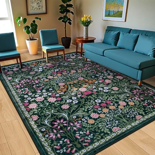 PLHXFR Area Rug 10x14 Living Room: Floral Washable Boho Carpet Dark Green - Image 2