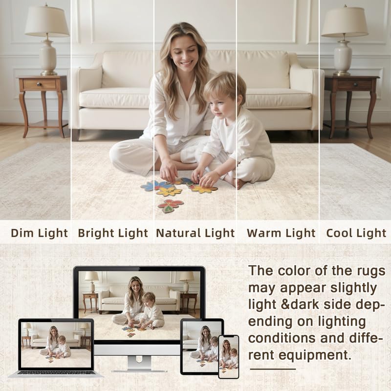 Round Area Rug Living Room: 8ft Neutral Washable Carpet Rug Beige - Image 5