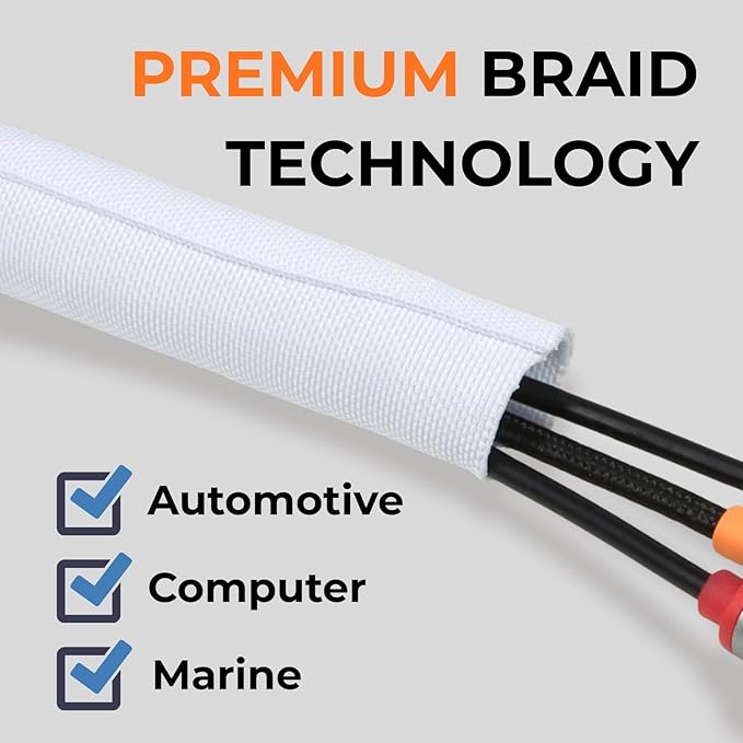HOLED 2 inch Split Braided Cable Management Sleeve for USB Cable Power Cord Audio Video Cable, Wire Loom Cord Protector from Cat Dog Chewing (White, 10FT)
