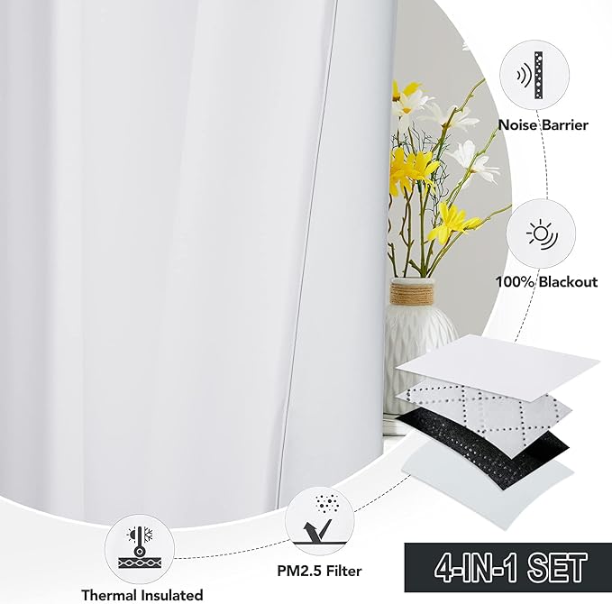 RYB HOME White Blackout Curtains for Bedroom,Noise Reducing Thermal Insulated Curtains and Drapes with Melt-Blown Fabric, Anti Dust PM2.5 Pollen Smog Filtering, Pure White, W52 x L72 inch, 2 Panel
