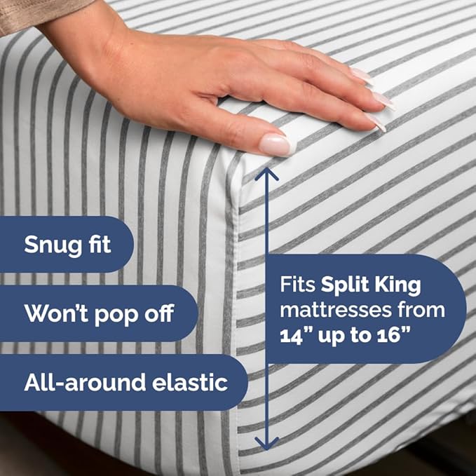 Split Head King Sheet Set – 4 Piece Flex Split Top King Sheets for Adjustable Beds - Fits 14” to 16" Mattress w/ Deep Pockets - Breathable & Cooling - Luxury Bedding and Wrinkle Free - Grey Stripes 2