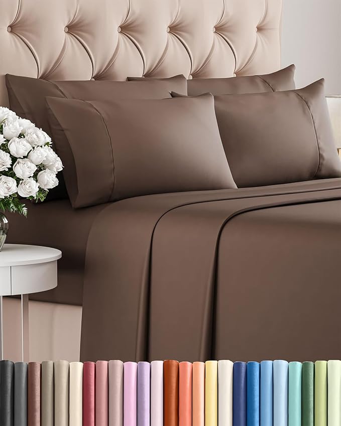 King 6 Piece Sheet Set - Cooling, Comfy & Breathable - Hotel Luxury Bedding, Includes Fitted Sheet for Women, Men, Kids and Teens - 1 Flat, 1 Fitted Sheet, 4 Pillowcases with Deep Pockets - Brown