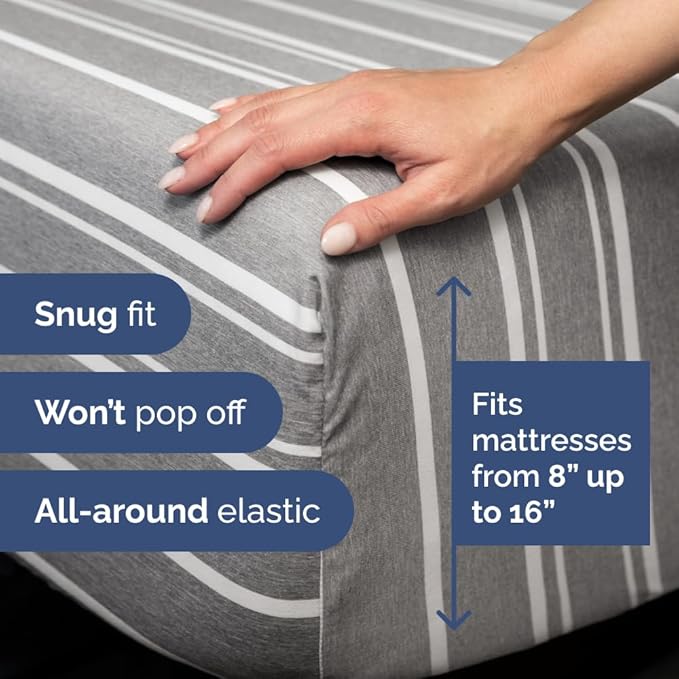 Full XL Bed Sheet Set - 4 Piece Extra Long Extended Full XL Sheets - Soft, Breathable & Cooling - Fits 8" to 16" Mattress with Deep Pockets - 54" x 80" - Wrinkle and Fade Resistant - Grey Stripes 3