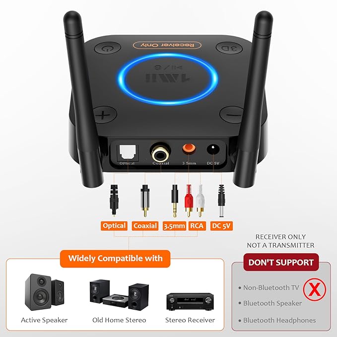 [Upgraded] 1Mii B06Pro Long Range Bluetooth Receiver, HiFi Wireless Audio Adapter, Bluetooth 5.2 Receiver with 3D Surround aptX HD Low Latency Optical RCA AUX 3.5mm Coaxial for Home Stereo System