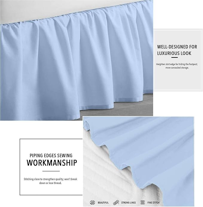 Light Blue Solid Ruffled Bed Skirt King-10 Inch Drop Split Corner, Microfiber Bedskirt with Platform Three Sided Coverage