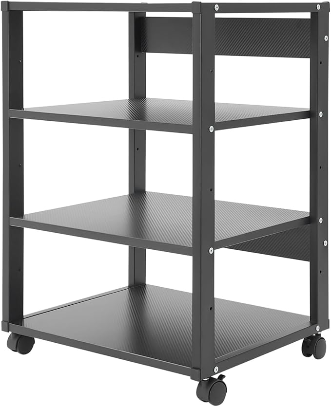 5-Tier AV Media Stand with Universal Wheels, Center Stereo Components Storage Stand, DVD/CD Holder with Adjustable Hole Spacing Movable Audio Media Stand for Living Room, Game Room (4 Tiers)