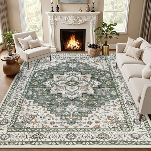 8x10 Area Rugs Living Room: Washable Rug for Bedroom Green Ivory by EXPEDIX
