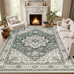 10x12 Area Rugs Living Room: Washable Rug for Bedroom Green Ivory by EXPEDIX