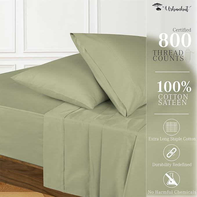 URBANHUT 800 Thread Count 100% Cotton Full Size Sheets, Luxury 4 Piece Full Bedsheets, Hotel Sheets Sateen Finish - Better Than Egyptian, 16" Elasticized Deep Pocket - Sage