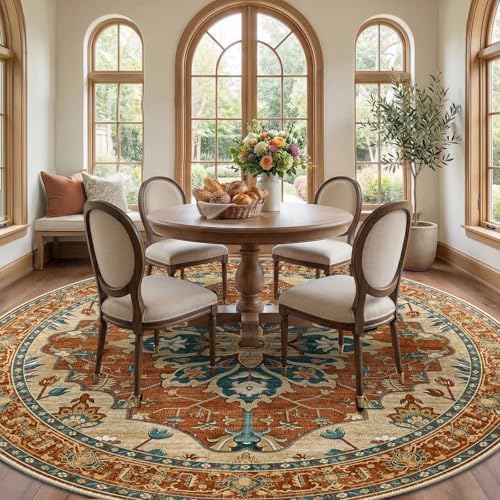RELEANY Washable Area Rug, Round 10ft, Red/Orange/Blue/Brown - Image 3