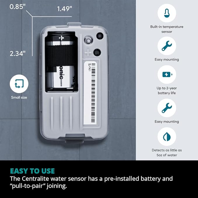 Centralite by Ezlo Water Sensor - Monitors Your Whole Home for Leaks - Detects Water Leaks in a Kitchen, Bathroom, Basement or Laundry Room - Zigbee