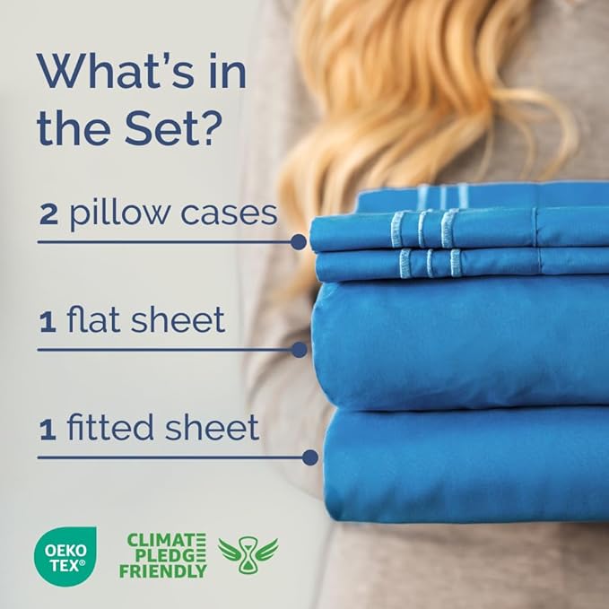 Full XL Bed Sheet Set - 4 Piece Extra Long Extended Full XL Sheets - Soft, Breathable & Cooling - Fits 8” to 16" Mattress w/ Deep Pockets - 54" x 80" - Easy-Fit, Wrinkle & Fade Resistant - Royal Blue