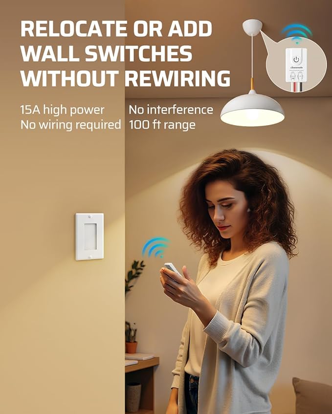 DEWENWILS Wireless Light Switch and Receiver Kit, 15A, No in-Wall Wiring Required,Remote Control Wall Switch Lighting Fixture for Ceiling Lights, Fans, Lamps,100 Ft RF Range, Programmable