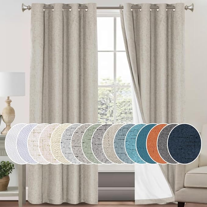 PrinceDeco Linen 100% Blackout Curtains for Bedroom/Living Room Reduce Noise Light Blocking Window Curtains Drapes for Boho Home Decor, Linen Look Fabric with White Liner (52 x 96 Inch,Cobblestone)