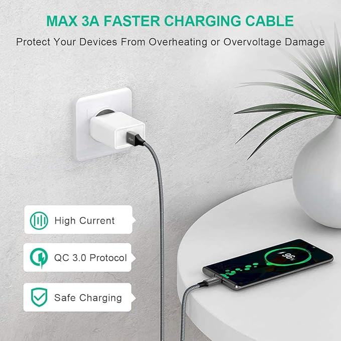 etguuds USB A to USB C Cable 6.6ft, 2-Pack, 3A Fast Charging Type C Charger Cord for iPhone 17 16 15 Pro Max 16e 17 Air, Samsung Galaxy S25 S24 S23 S22 S21 S20 A17 A16 A56 A55 Flip Fold, Gray