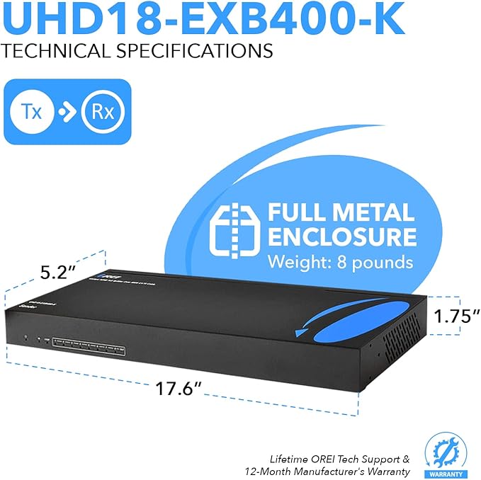 OREI 1x8 HDMI Extender Splitter HDBaseT 4K, Multiple Over Single Cable CAT6/7 4K@60Hz 4:4:4 HDCP 2.2 with IR Remote EDID Management, HDR - Up to 400 Ft - Loop Out - Low Latency - (UHD18-EXB400-K)