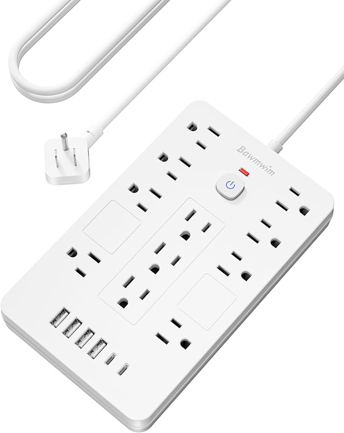 Bawmwim Surge Protector Power Strip - 11 Outlets(1850W/15A) with 6 USB Ports(2 USB C), 6FT Flat Plug Extension Cord, Wall Mount, White,Listed for Home, Dorm Room