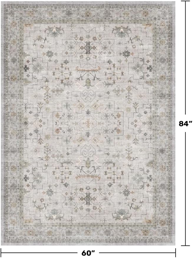 Hazo Haus Boho Washable 5x7 Living Room Rug - Neutral Light Gray & Sage Area Rugs for Nursery, Dining Under Table, Bedroom, Modern Vintage Eclectic Geometric Floral, Low Pile Stain Resistant - Image 2