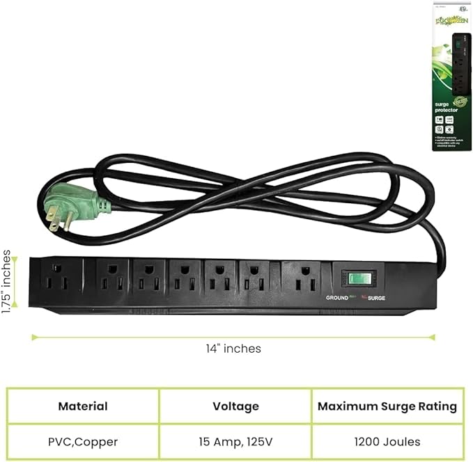 GoGreen Power Inc. (G-17636BK-2) 7 Outlet Surge Protector, 6FT Cord, Black, 2 Pack