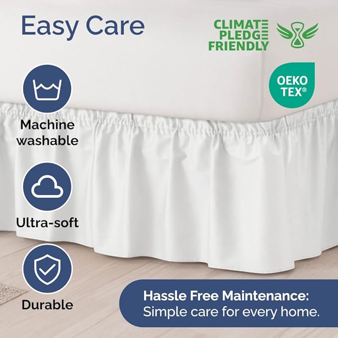 Wrap Around Dust Ruffle Bed Skirt - White - for Queen Size Beds with 21 Inch Drop - Easy Fit Elastic Strap - Adjustable Pleated Bedskirt w/Brushed Fabric - Wrinkle Free - for Women, Men, Kids & Teens