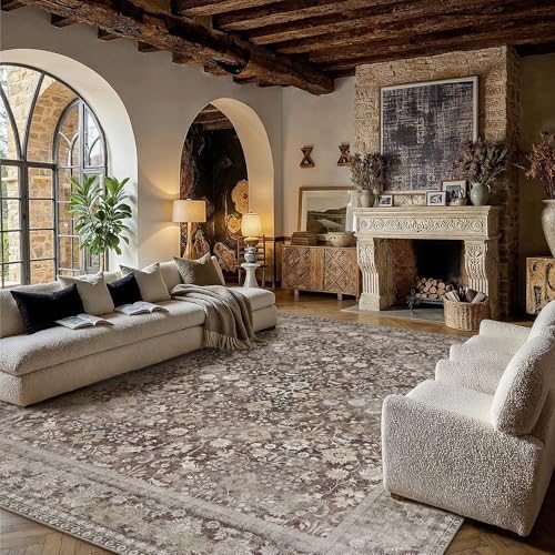 HUGEAR 9x12 Coffee Brown Vintage Floral Washable Area Rug for Living Room by HUGEAR