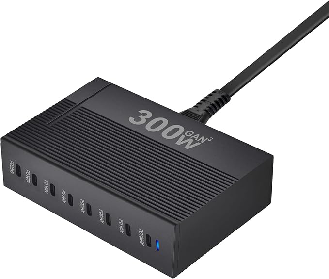 OHLOPL 300W 8-Port GaN PD3.1 Desktop Charging Station | Intelligent Power Allocation, Ideal for Office and Home, Safely Charges Laptops, Phones, Tablets, and Watches