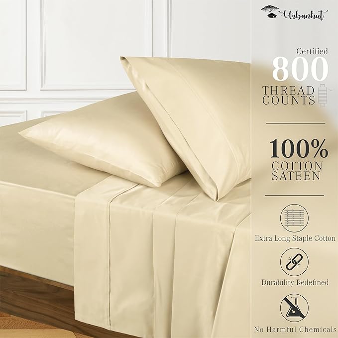 URBANHUT 800 Thread Count 100% Cotton King Size Sheets, Luxury 4 Piece King Bedsheets, Hotel Sheets Sateen Finish - Better Than Egyptian, 16" Elasticized Deep Pocket - Sand