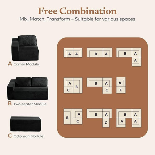 106" 3-Seater Sofa, Cloud Modular Sofa with Certified Foam, Upholstered Floor Sofa with Deep Seat, Upholstered Sofa for Bedroom Living Room, No Assembly Required (Corduroy Fabric, Black)