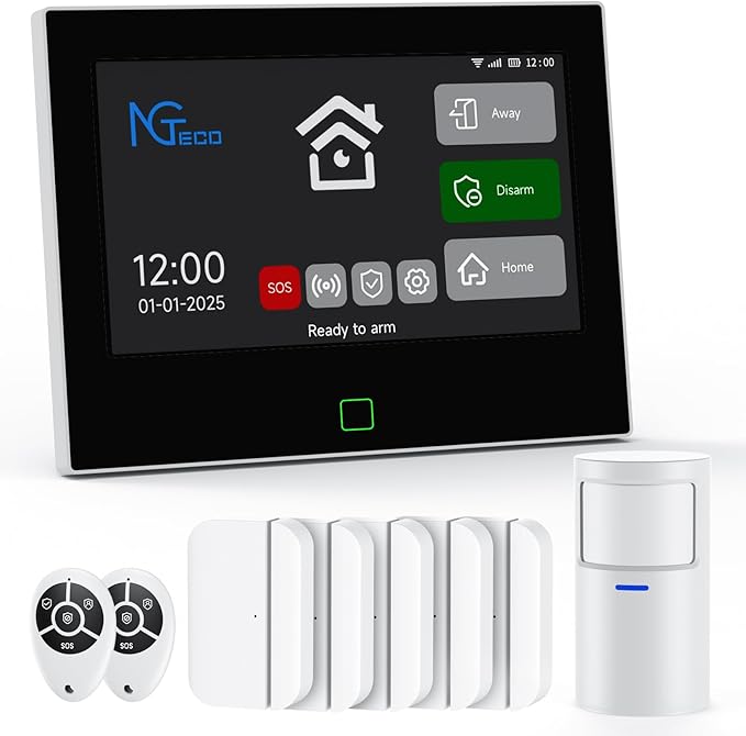 Wireless Home Alarm System 9 PCS, 2.4G WiFi Alarm System with 7 in Touchscreen, Remotes, Door Sensors, Motion Detector for Home, Apartment Security, Compatible with Alexa & Google, No Monthly fees