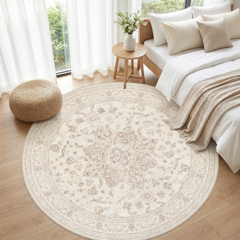 Round Area Rug Living Room: 6ft Washable Carpet Beige White - Image 4