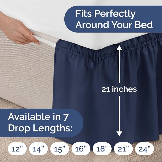 Wrap Around Dust Ruffle Bed Skirt - Navy Blue - Twin/Twin XL Size Beds with 21 Inch Drop - Elastic Strap - Adjustable Pleated Bedskirt with Brushed Fabric and Wrinkle Free - Women, Men, Kids & Teens