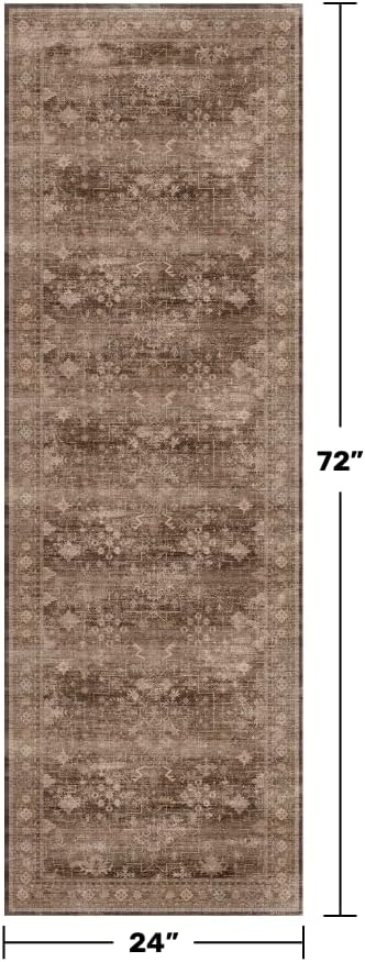Brown Boho Washable 2x6 Runner Rugs for Hallway Kitchen Bedroom Beside Laundry Room Bathroom Rug, Pet & Kids Friendly, Non Slip Low Pile Stain Resistant Soft Faux Wool Long 24 x 72 Floor Carpet - Image 2