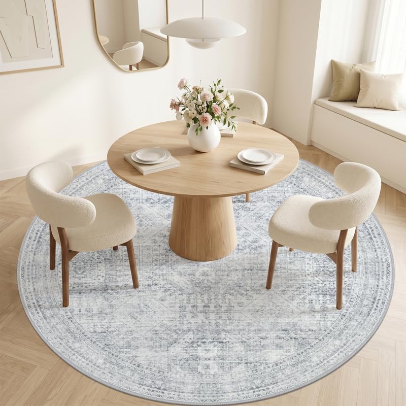 Round Area Rug Living Room: 6ft Neutral Washable Carpet Rug Gray - Image 2