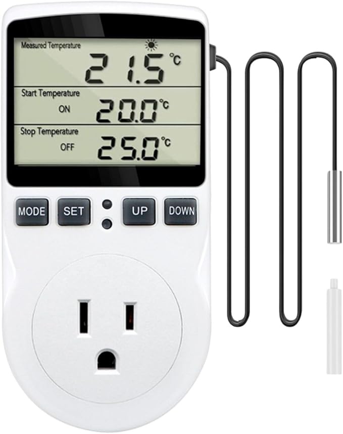 1800W Digital Thermostat Controller Plug in Heater Cooling Temperature Controller Outlet Socket W/External 1.7m Probe Day Night Timer Function 110V 15A