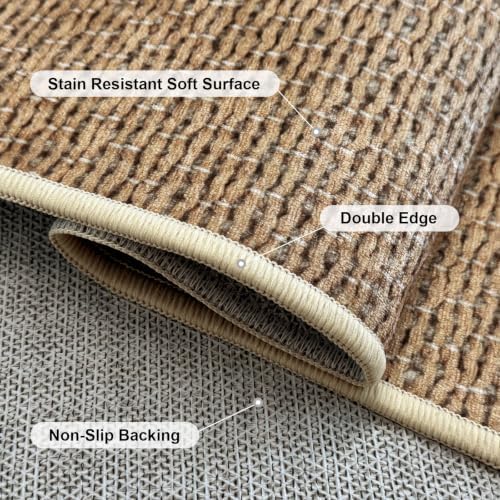 Washable 2x6 ft Textured Printing Runner Rug Brown Yellow Low‑Pile - Image 6
