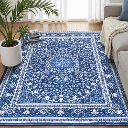 5x7 Area Rugs for Living Room, Washable Non-Slip Rug, Oriental Dark Blue by Lofus