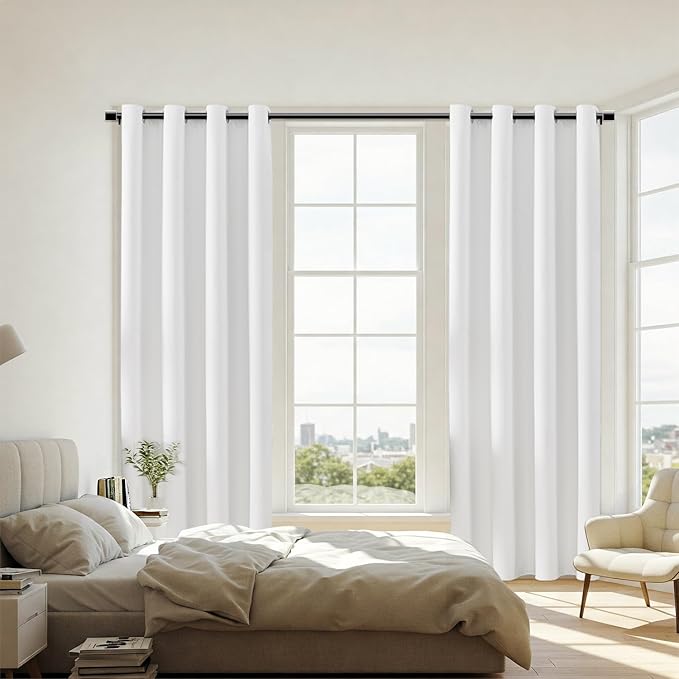 ChrisDowa 100% Blackout Pure White Solid Curtains 84 Inches Long 2 Panels for Bedroom Living Room,Farmhouse Room Darkening Thermal Insulated Soundproof Grommet Top Window Treatment Drapes,52x84