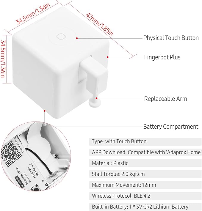 Irfora Mini BT Fingerbot Home Automation Controller with Touch Button APP Control Voice Control Schedule Timer Fingerbot Home Appliances Switch Pusher Smart Controller (BT Gateway Required)