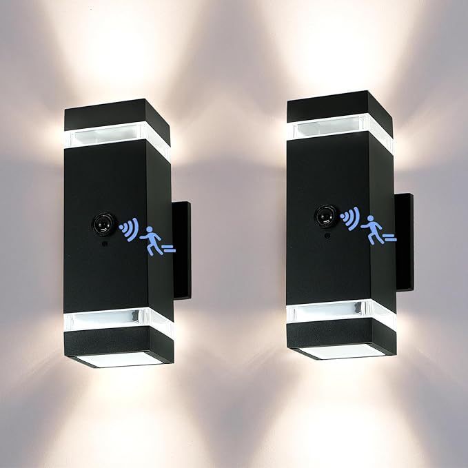 iYogaled Motion Sensor Outdoor Wall Lights with 3 Lighting Modes, Dusk to Dawn Porch Light with Bulbs Include, IP65 Waterproof Modern Black Wall Sconce for Patio, Garage, Front Door