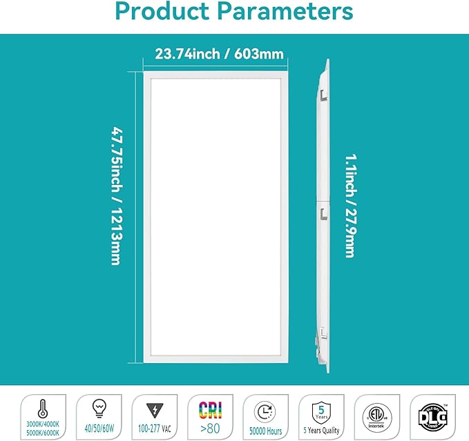 VocgoUU 2x4 LED Flat Panel Light, 36 Pack, Selectable 40W/50W/60W, 3000K/4000K/5000K/6000K, 0-10V Dimmable, ETL Certified, 6600LM, Drop Ceiling Office Lighting