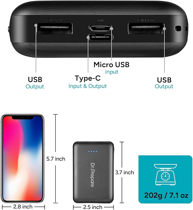 DR.PREPARE 10000mAh Heated Vest Battery Pack with Dual USB Outputs & Type C in/Output, 5V 3A Power Bank for Heated Jacket, Ultra-Compact Portable External Battery Charger, Eye Mask, iPhone, iPad