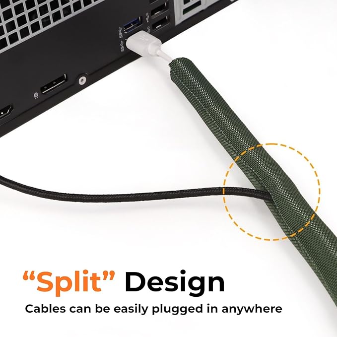HOLED 3/16 inch Split Braided Cable Management Sleeve for USB Cable Power Cord Audio Video Cable, Wire Loom Cord Protector from Cat Dog Chewing (Dark Green, 25FT)