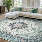 RELEANY Washable Area Rug, 8'x10', Teal Green/White/Navy by RELEANY